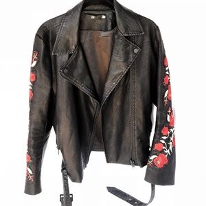 Faux leather jacket with rose appliqués